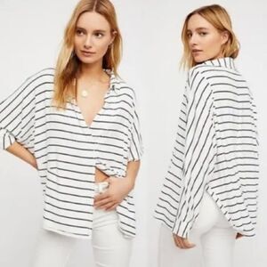 FREE PEOPLE We The Free White Black Striped V-Neck Oversized Jersey Top Medium
